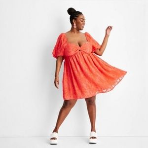 Women's Future Collective Floral Print Puff Short Sleeve Dress Red Size 4X NWT